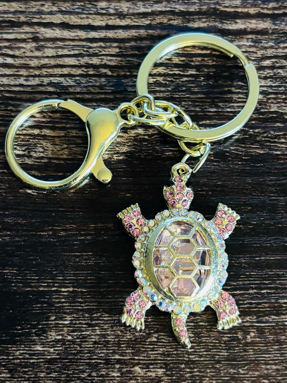 Gold Tone Turtle Keychain with Pink Crystal Rhinestones